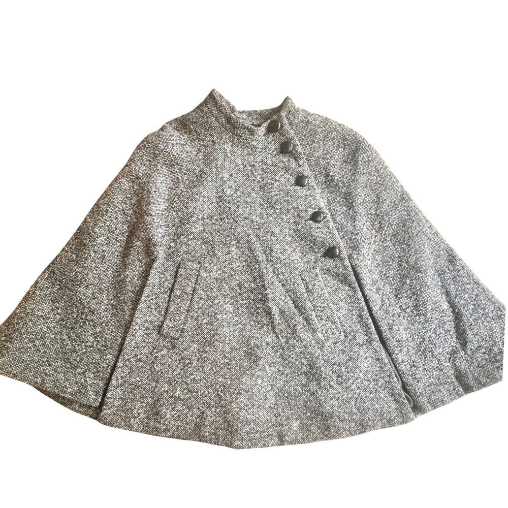 VTG Mac Mackintosh New England Wool Blend Tweed Cape Coat Gray Asymmetrical Sz L